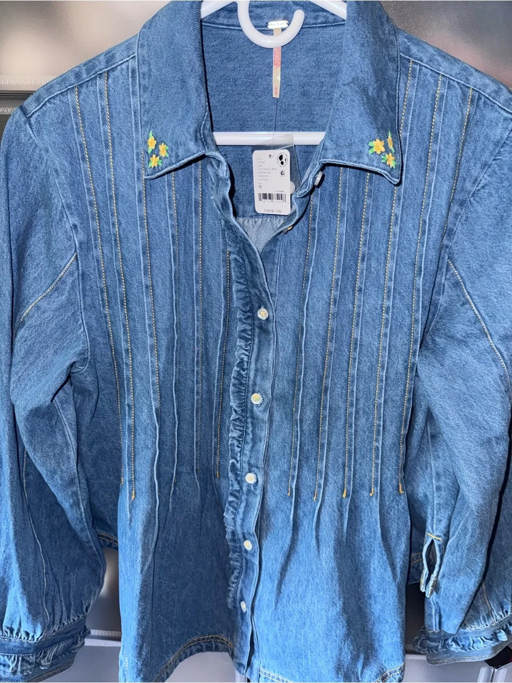Free People Robin Pintuck Denim Shirt Pleated Ruffle Cuffs Light Wash M NWT